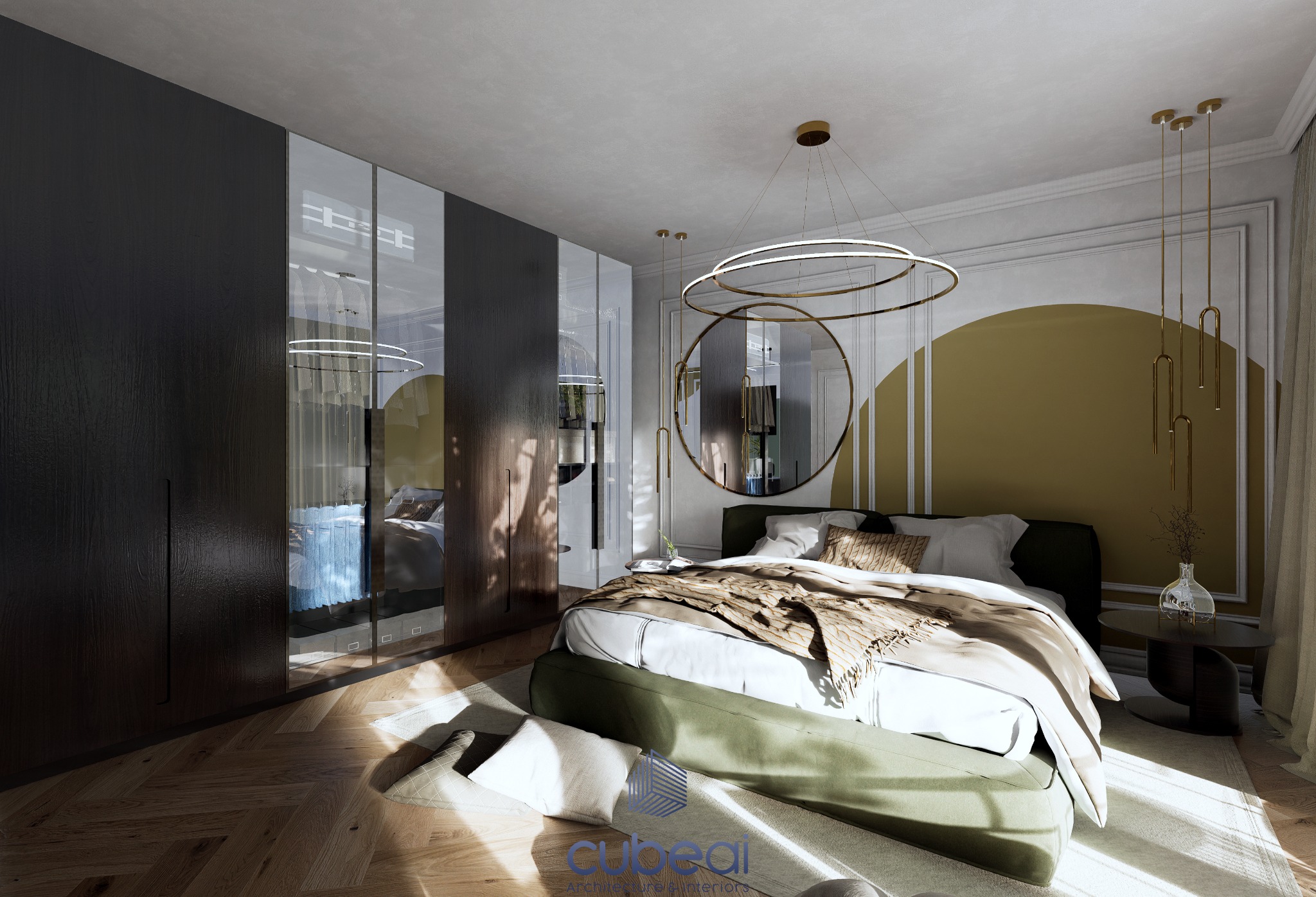 Elegancka sypialnia z dużym łóżkiem, drewnianą podłogą w jodełkę, szafą z lustrzanymi drzwiami i okrągłą lampą wiszącą z elementami złota.