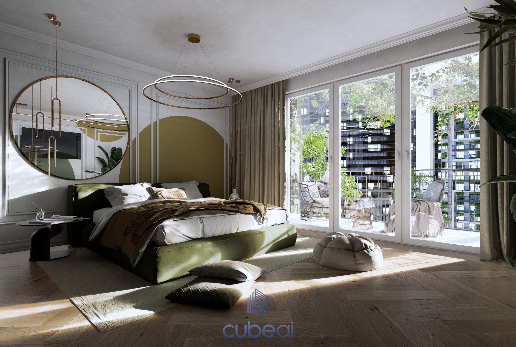 Nowoczesna sypialnia z łóżkiem na niskim, zielonym podeście, okrągłym lustrem i oknami balkonowymi z widokiem na budynek mieszkalny, oświetlona wiszącą lampą w kształcie okręgu.
