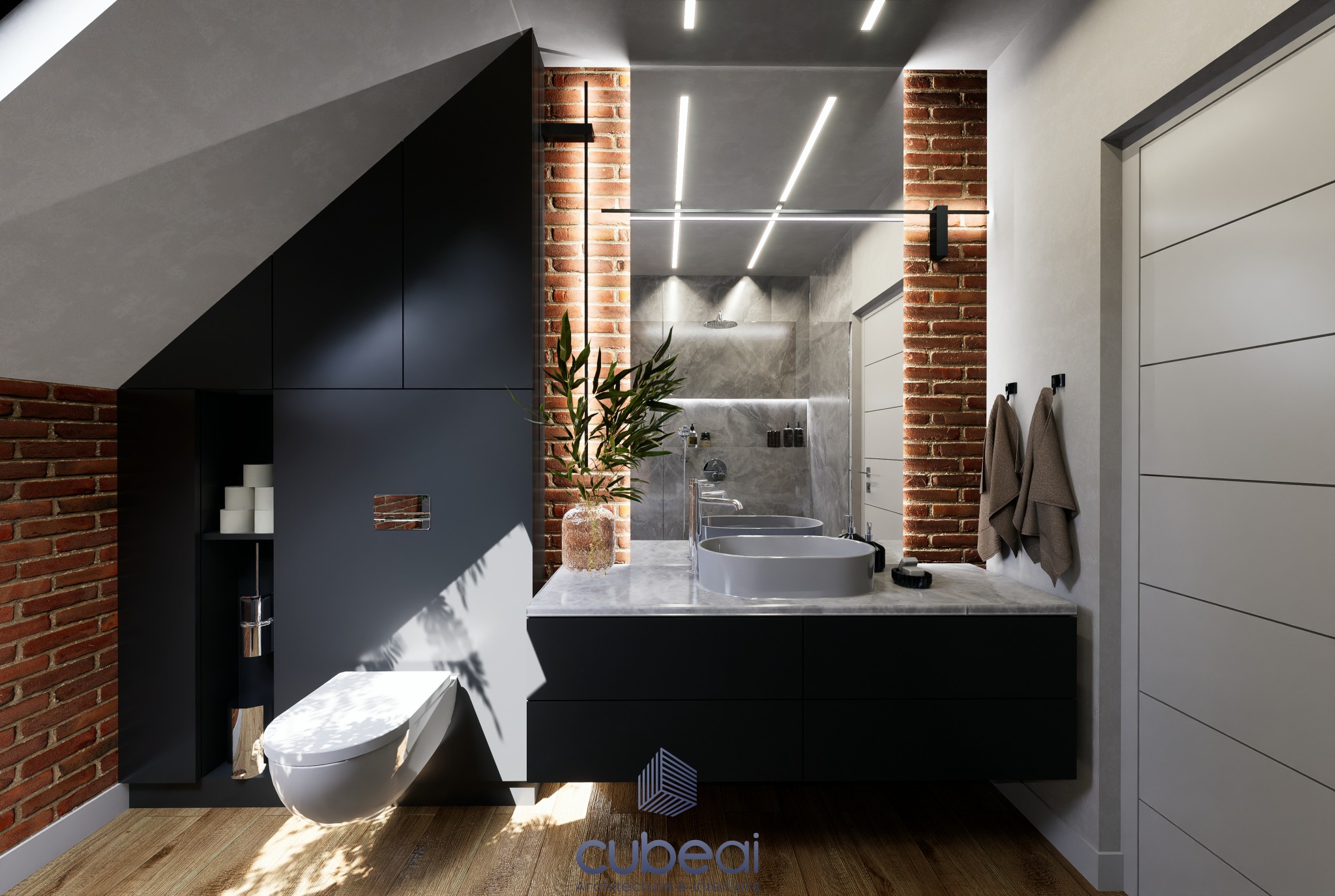 Nowoczesna łazienka na poddaszu z umywalką nablatową, toaletą podwieszaną, ceglaną ścianą i oświetleniem LED