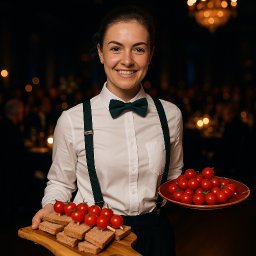 KONFIGURATOR IMPREZY Catering & Bankiet & Event www.konfiguratorimprezy.pl - Uśmiechnięta kelnerka w muszce i szelkach prezentuje przekąski: kanapeczki na desce i pomidorki koktajlowe na talerzu. W tle rozmyte światła sali bankietowej i żyrandol.