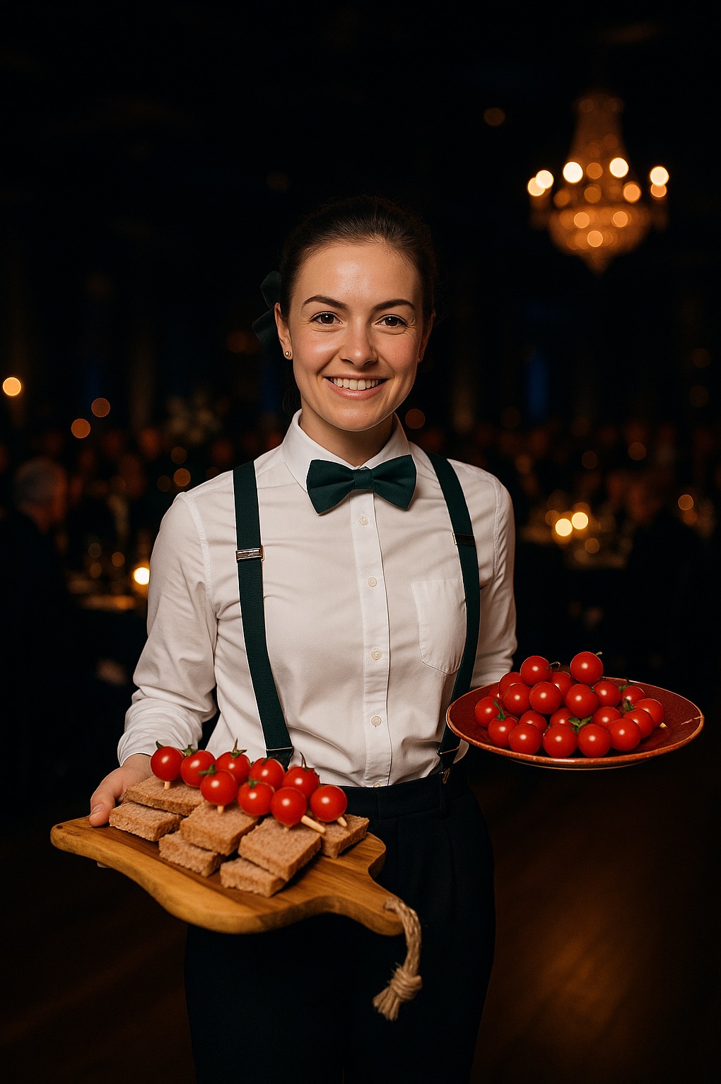 Uśmiechnięta kelnerka w muszce i szelkach prezentuje przekąski: kanapeczki na desce i pomidorki koktajlowe na talerzu. W tle rozmyte światła sali bankietowej i żyrandol.