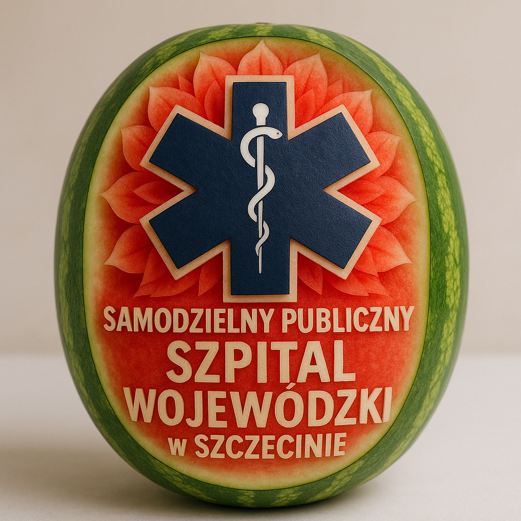 Artystycznie wyrzeźbiony arbuz z logo i napisem 'Samodzielny Publiczny Szpital Wojewódzki w Szczecinie'.