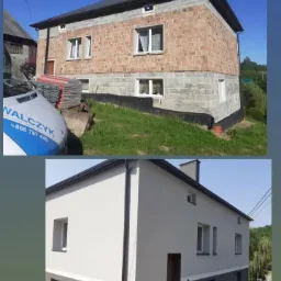 Porównanie elewacji budynku przed i po malowaniu: surowa cegła i otynkowany dół kontra jasnoszara elewacja z ciemnoszarym cokołem.