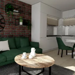 Wizualizacja salonu z aneksem kuchennym: zielona sofa, okrągły stolik kawowy z zastawą, ceglana ściana z zegarem i półkami, biała zabudowa kuchenna z drewnianymi akcentami, okrągły stół z zielonymi...