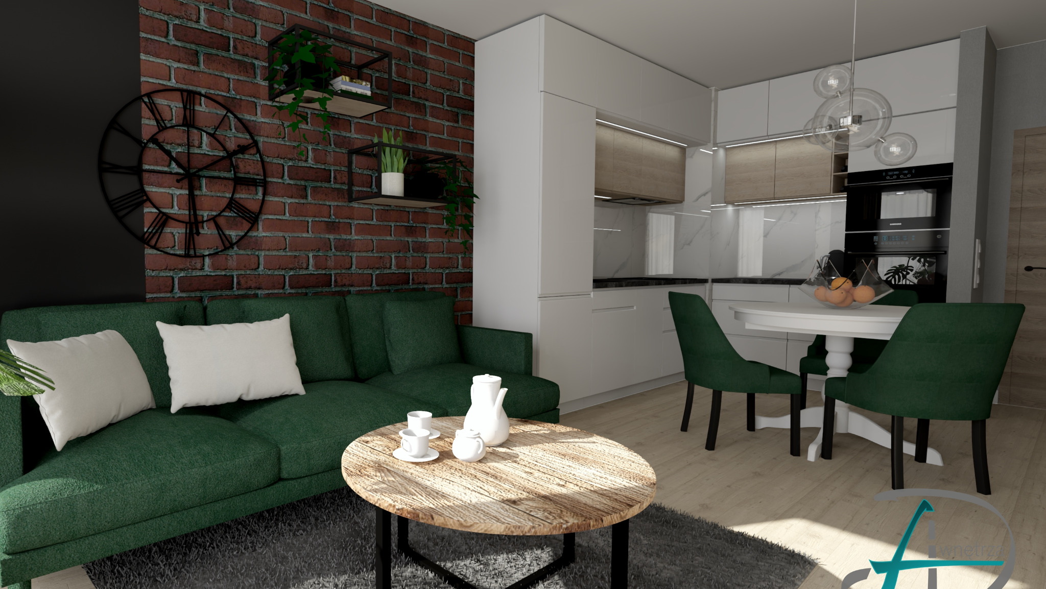 Wizualizacja salonu z aneksem kuchennym: zielona sofa, okrągły stolik kawowy z zastawą, ceglana ściana z zegarem i półkami, biała zabudowa kuchenna z drewnianymi akcentami, okrągły stół z zielonymi...