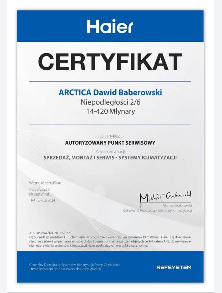 Certyfikat autoryzowanego punktu serwisowego Haier, wystawiony dla firmy ARCTICA Dawid Baberowski, uprawniający do sprzedaży, montażu i serwisu systemów klimatyzacji.