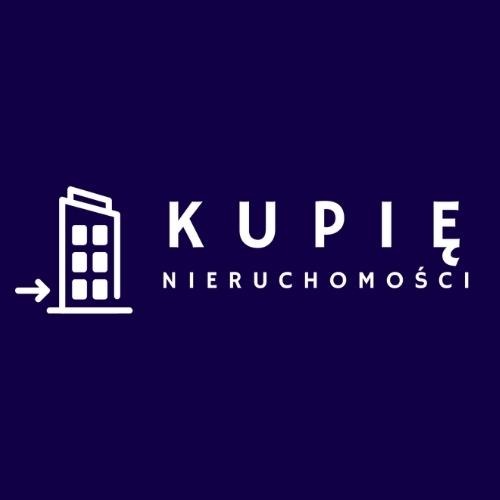 Logo firmy 'Kupię Nieruchomości' na ciemnoniebieskim tle, z ikoną budynku z strzałką w lewo.