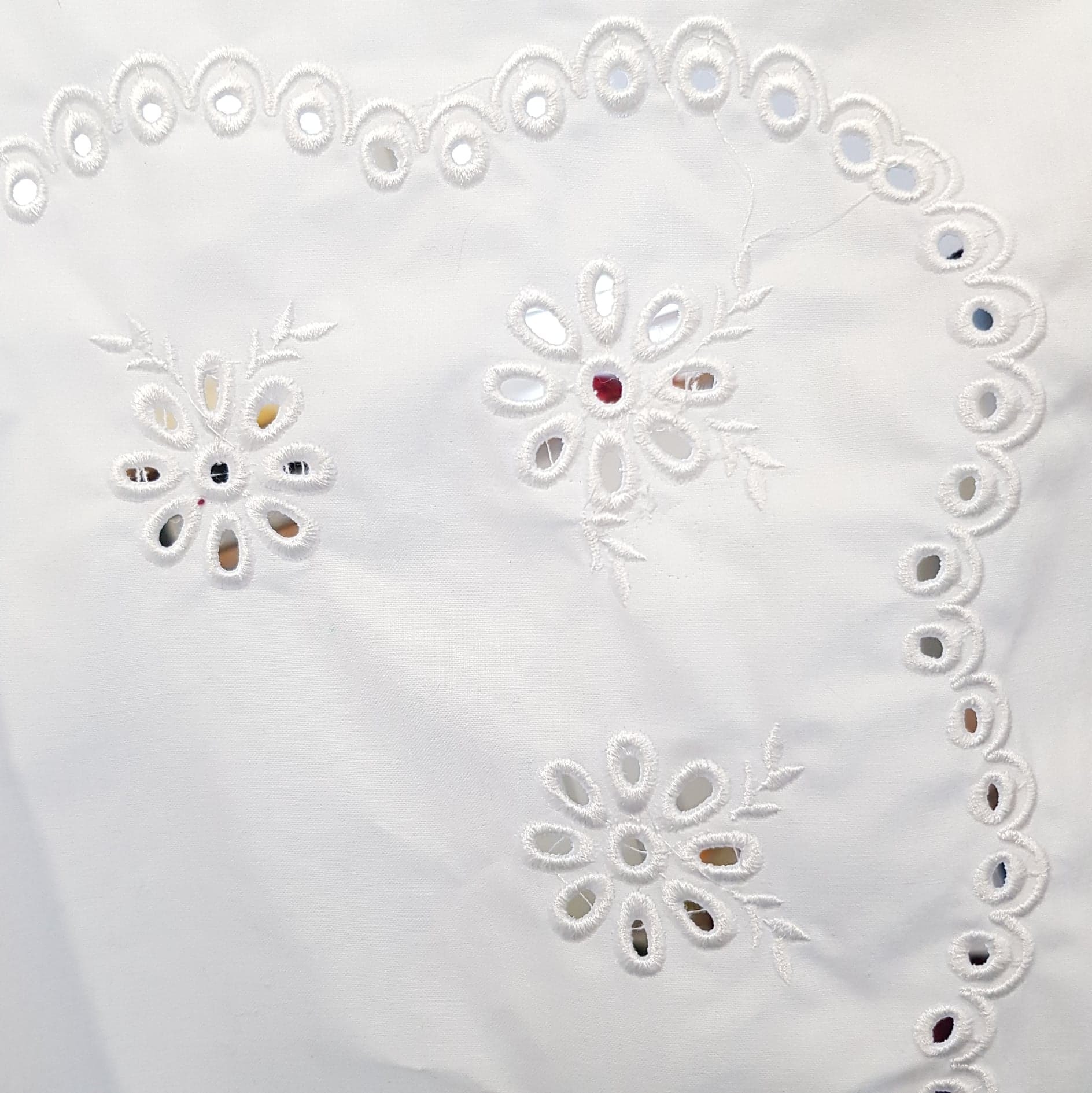 Biała tkanina z ażurowym wzorem kwiatowym i obramowaniem z motywem spirali, widoczne detale wykonania, delikatna faktura materiału.