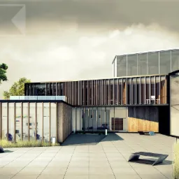 Wizualizacja nowoczesnego budynku usługowego z elementami drewna i dużymi przeszkleniami, otoczonego betonowym placem z minimalistycznymi ławkami i zielenią, widoczne biurowe wnętrze z regałami.