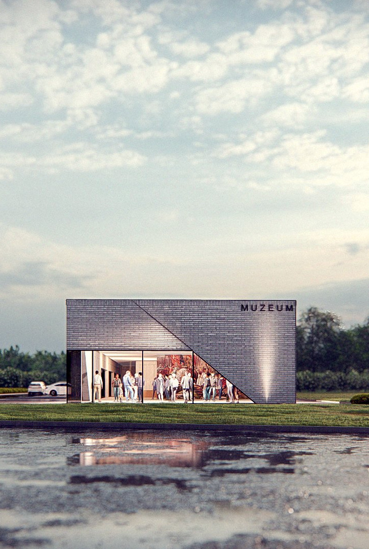 Wizualizacja budynku muzeum z szarej cegły z ukośnym przeszkleniem, widoczne osoby wewnątrz, odbicie w mokrym asfalcie na pierwszym planie.