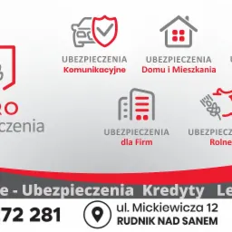 Grafika reklamowa firmy ubezpieczeniowej Agro Ubezpieczenia, prezentująca różne rodzaje ubezpieczeń: komunikacyjne, domu i mieszkania, podróżne, dla firm, rolne, z numerem telefonu, adresem i logo...