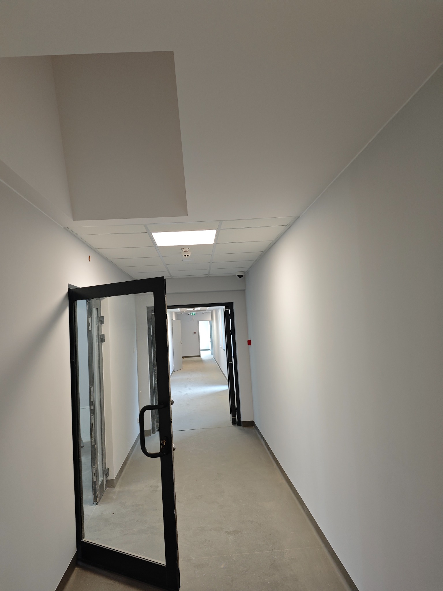 Korytarz biurowy z otwartymi, czarnymi, przeszklonymi drzwiami, szara podłoga, białe ściany i sufit z kwadratowymi panelami oświetleniowymi.