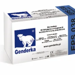 Paczka białego materiału izolacyjnego EPS 038 Fasada Max z niebieskim logo firmy Genderka przedstawiającym białego niedźwiedzia, widoczne dane teleadresowe i adres strony internetowej producenta.