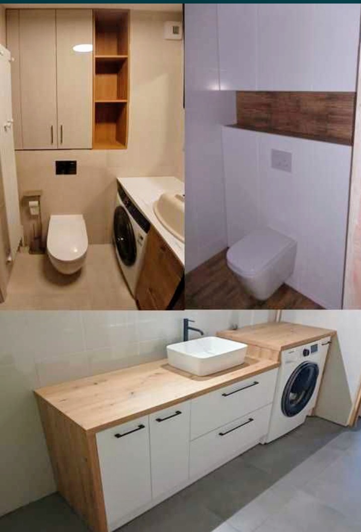 Nowoczesna łazienka z drewnianym blatem, białą umywalką nablatową i szafkami. Pralka wkomponowana w zabudowę. Minimalistyczny design, jasne kolory.