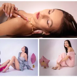 Kolaż z sesji zdjęciowej młodej kobiety: zbliżenie twarzy z makijażem, pozowanie z balonami urodzinowymi w srebrnej kurtce i w różowej sukience.