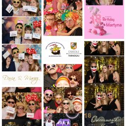 Mirka Kwiatkowska fotograf - Mozaika zdjęć z fotobudki: rodziny z dziećmi w zabawnych okularach i przebraniach, osoby z rekwizytami i tabliczkami z napisami, tła urodzinowe i motywy imprezowe.