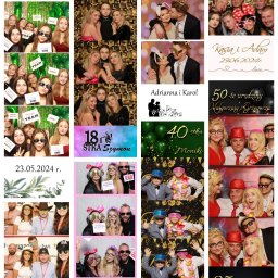 Mirka Kwiatkowska fotograf - Kolaż zdjęć z różnych sesji w fotobudce: urodziny, rocznice, imprezy firmowe, z rekwizytami i dekoracjami, różnorodne grupy ludzi w zabawnych pozach.