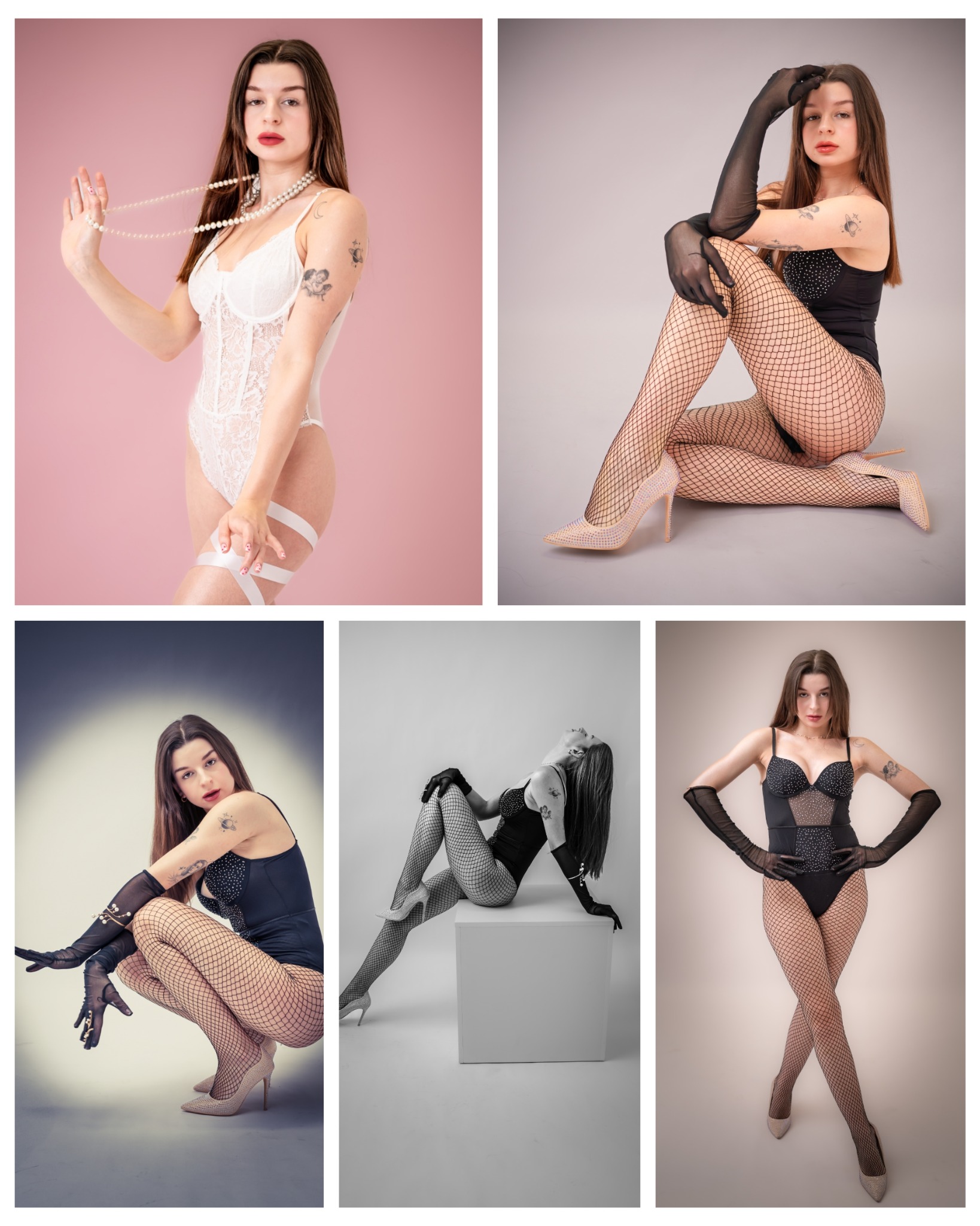Kolaż portretowy młodej kobiety w bieliźnie i rajstopach kabaretkach, różne pozy i tła, w tym zbliżenie na tatuaż na ramieniu.