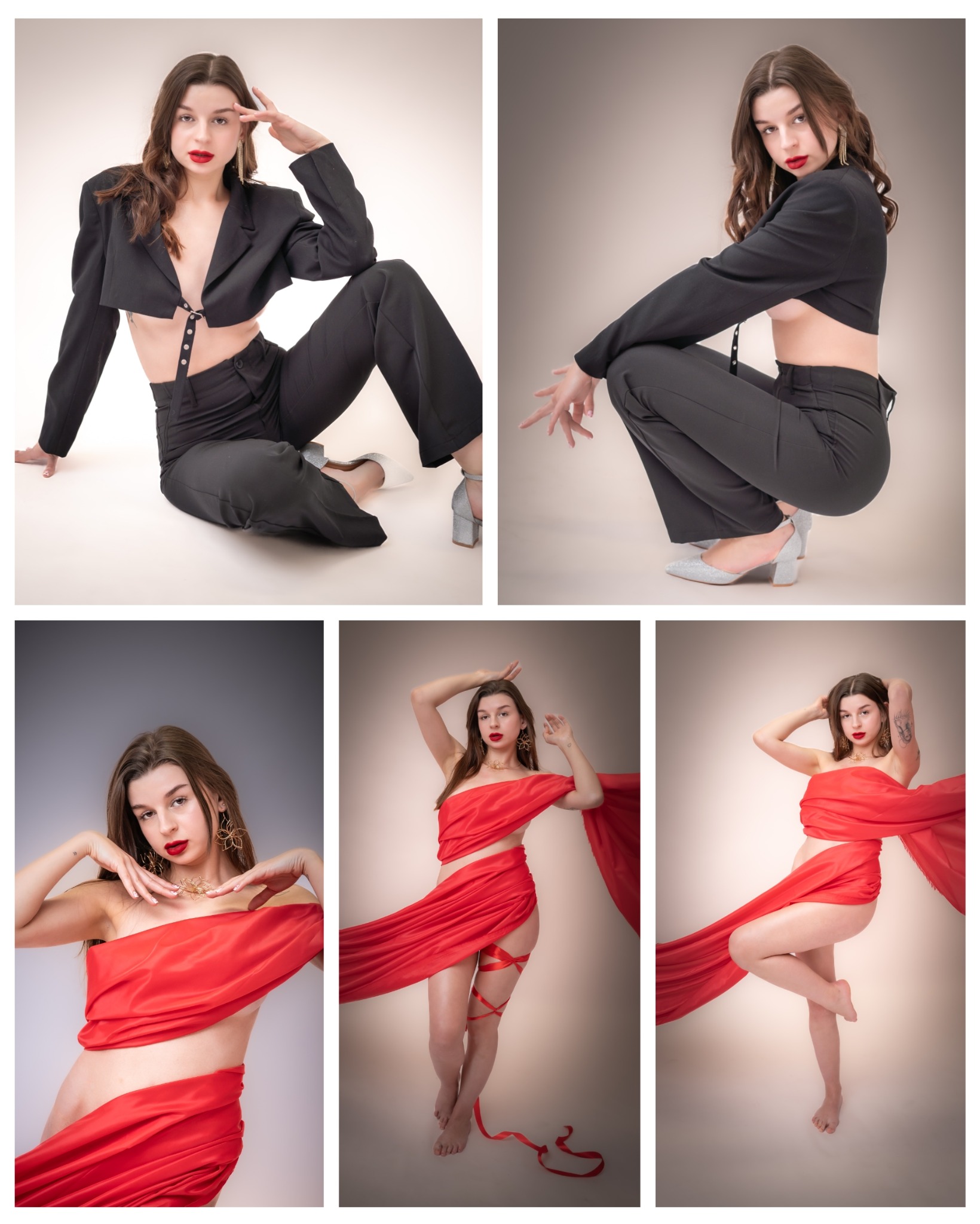 Kolaż pięciu ujęć modelki w studio: dwa w czarnym, krótkim żakiecie i spodniach, trzy w czerwonej tkaninie, z różnymi pozami i ekspresją.