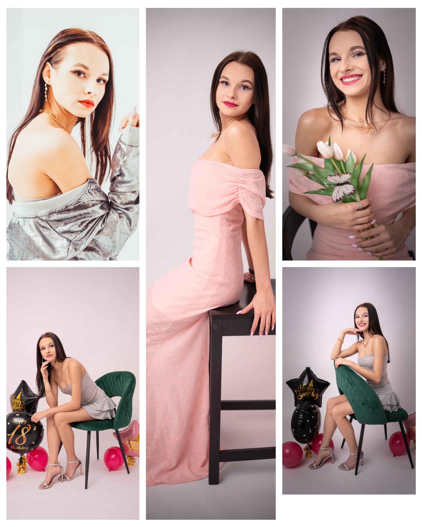 Kolaż z sesji portretowej młodej kobiety w różnej stylizacji, na białym tle, z rekwizytami urodzinowymi i kwiatami.