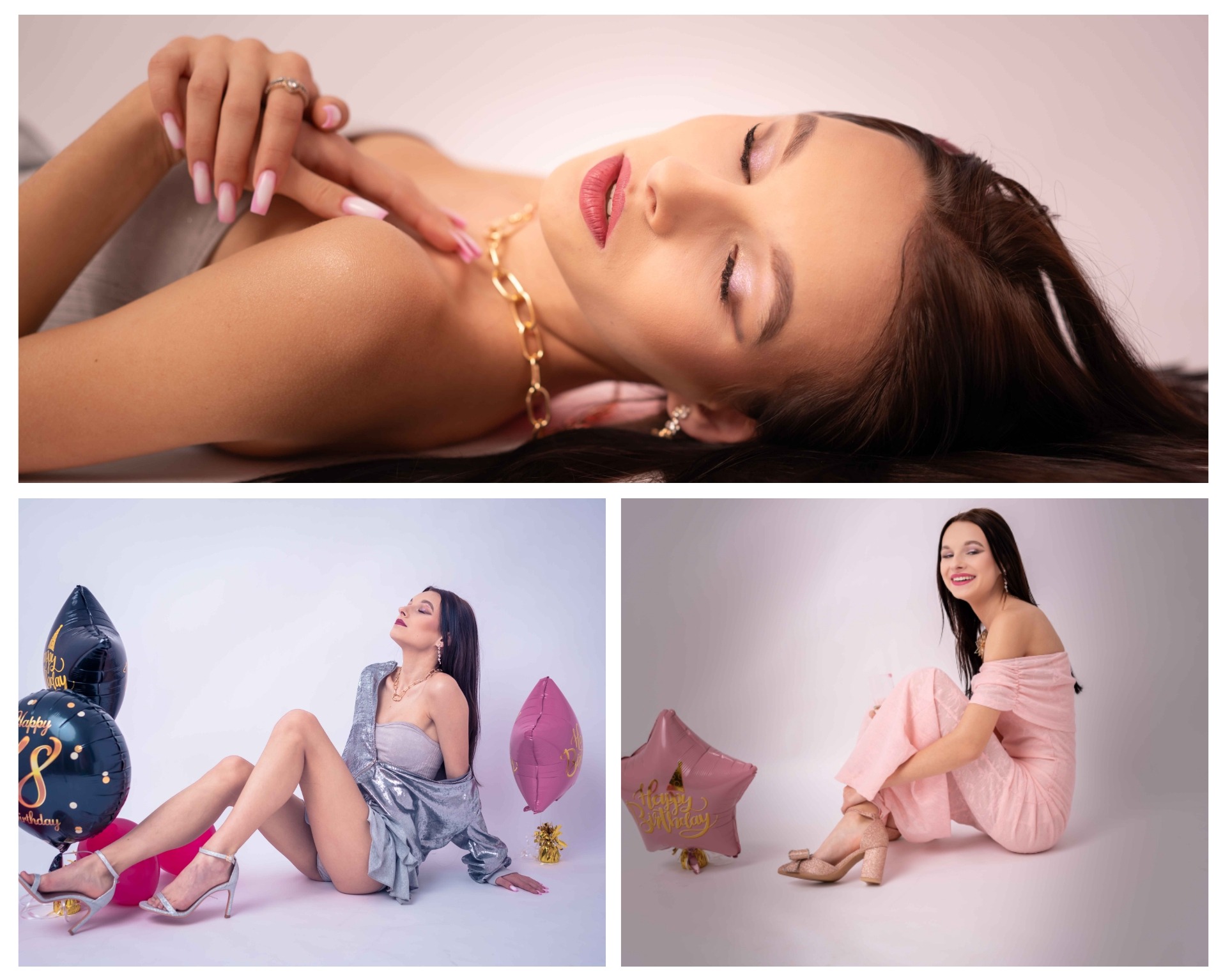 Kolaż z sesji zdjęciowej młodej kobiety: zbliżenie twarzy z makijażem, pozowanie z balonami urodzinowymi w srebrnej kurtce i w różowej sukience.