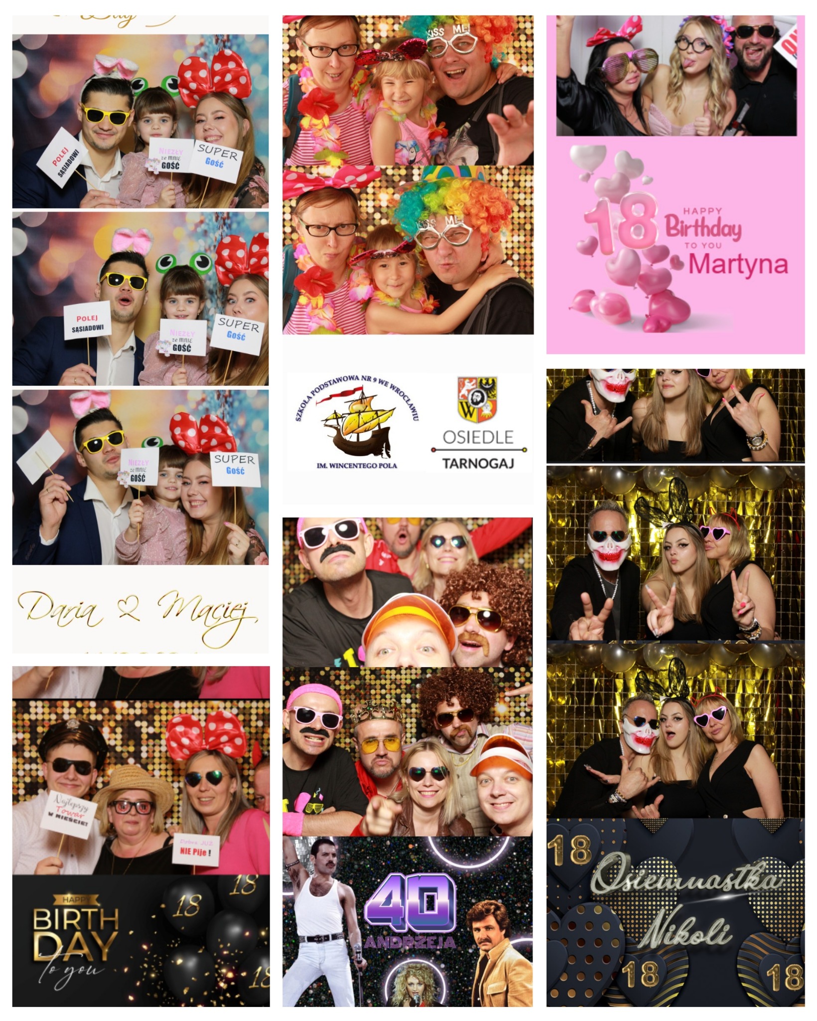 Mozaika zdjęć z fotobudki: rodziny z dziećmi w zabawnych okularach i przebraniach, osoby z rekwizytami i tabliczkami z napisami, tła urodzinowe i motywy imprezowe.