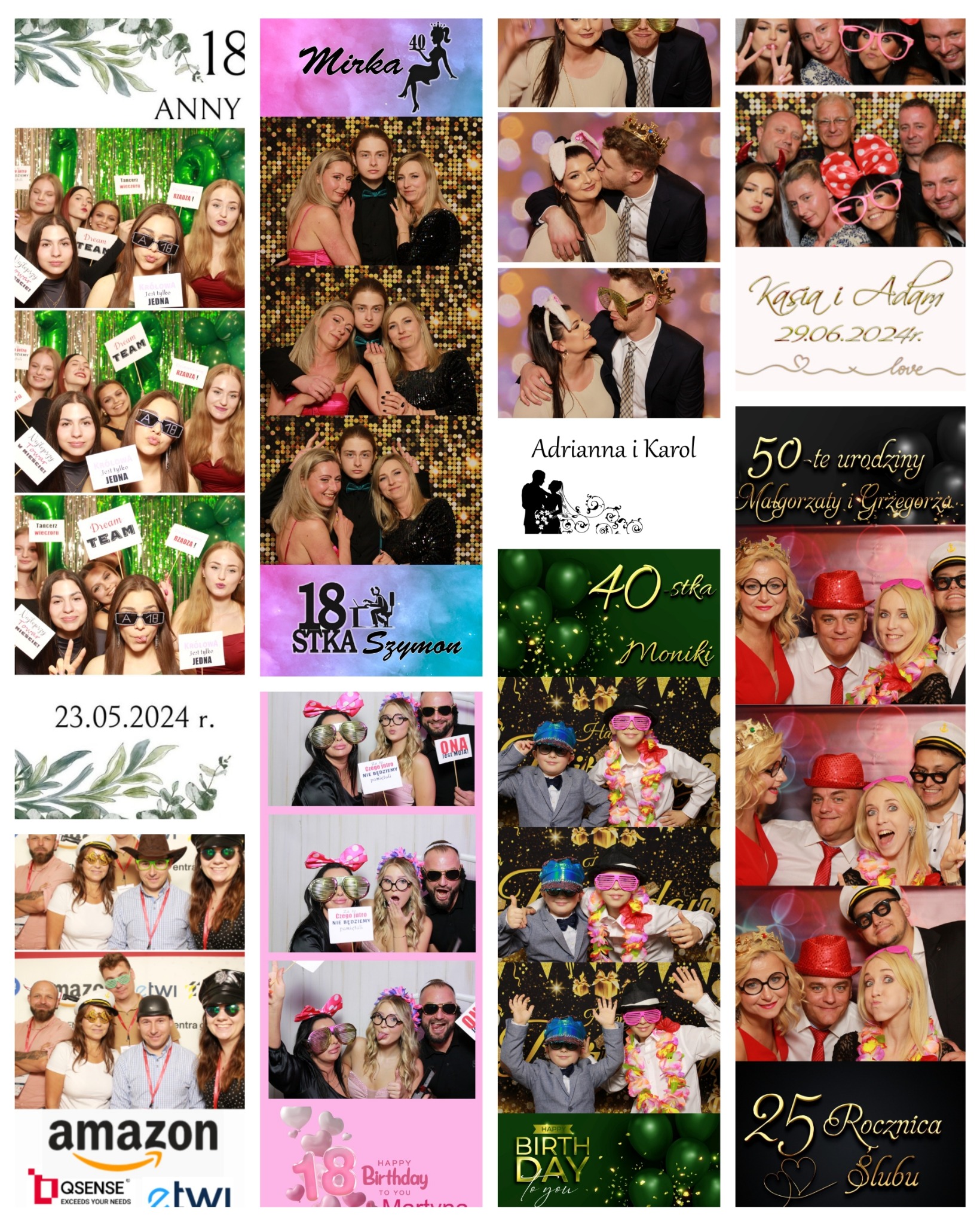 Kolaż zdjęć z różnych sesji w fotobudce: urodziny, rocznice, imprezy firmowe, z rekwizytami i dekoracjami, różnorodne grupy ludzi w zabawnych pozach.