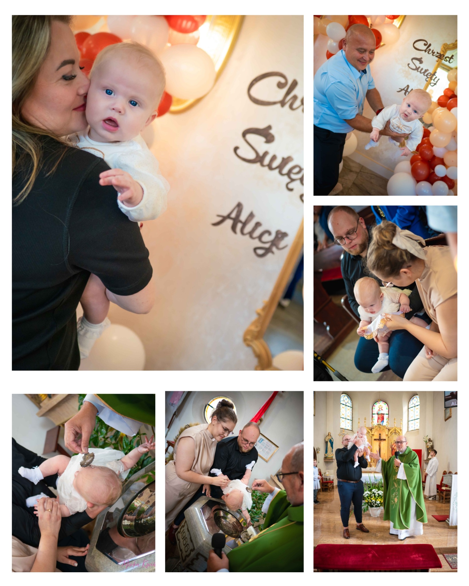Kolaż zdjęć z uroczystości chrztu: matka z dzieckiem, rodzice z dzieckiem przy chrzcielnicy, ksiądz udzielający chrztu. Dekoracje z balonów.