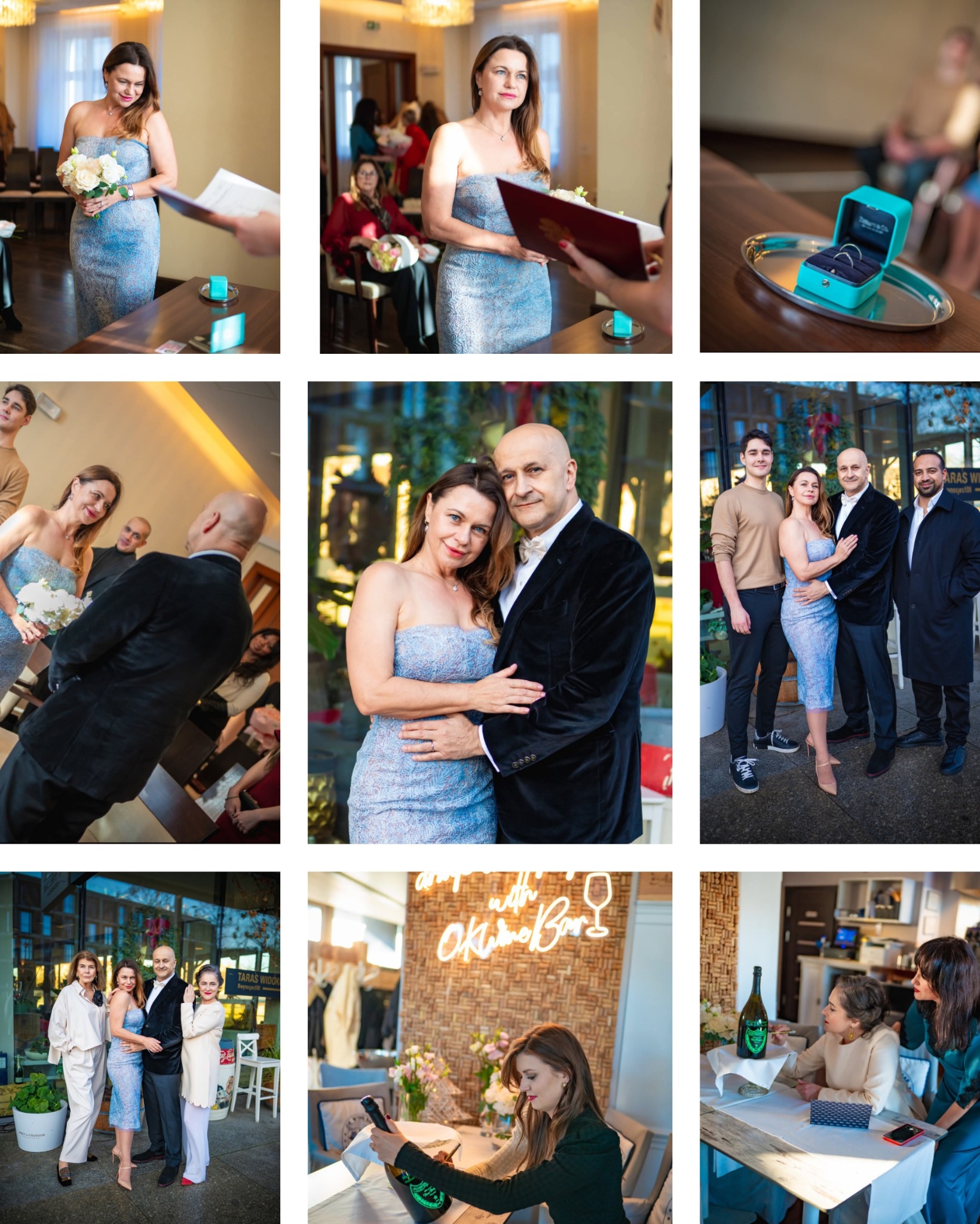 Kolaż zdjęć z uroczystości ślubnej: ceremonia, obrączki w pudełku Tiffany, para młoda z gośćmi w różnych sceneriach, w tym w restauracji.