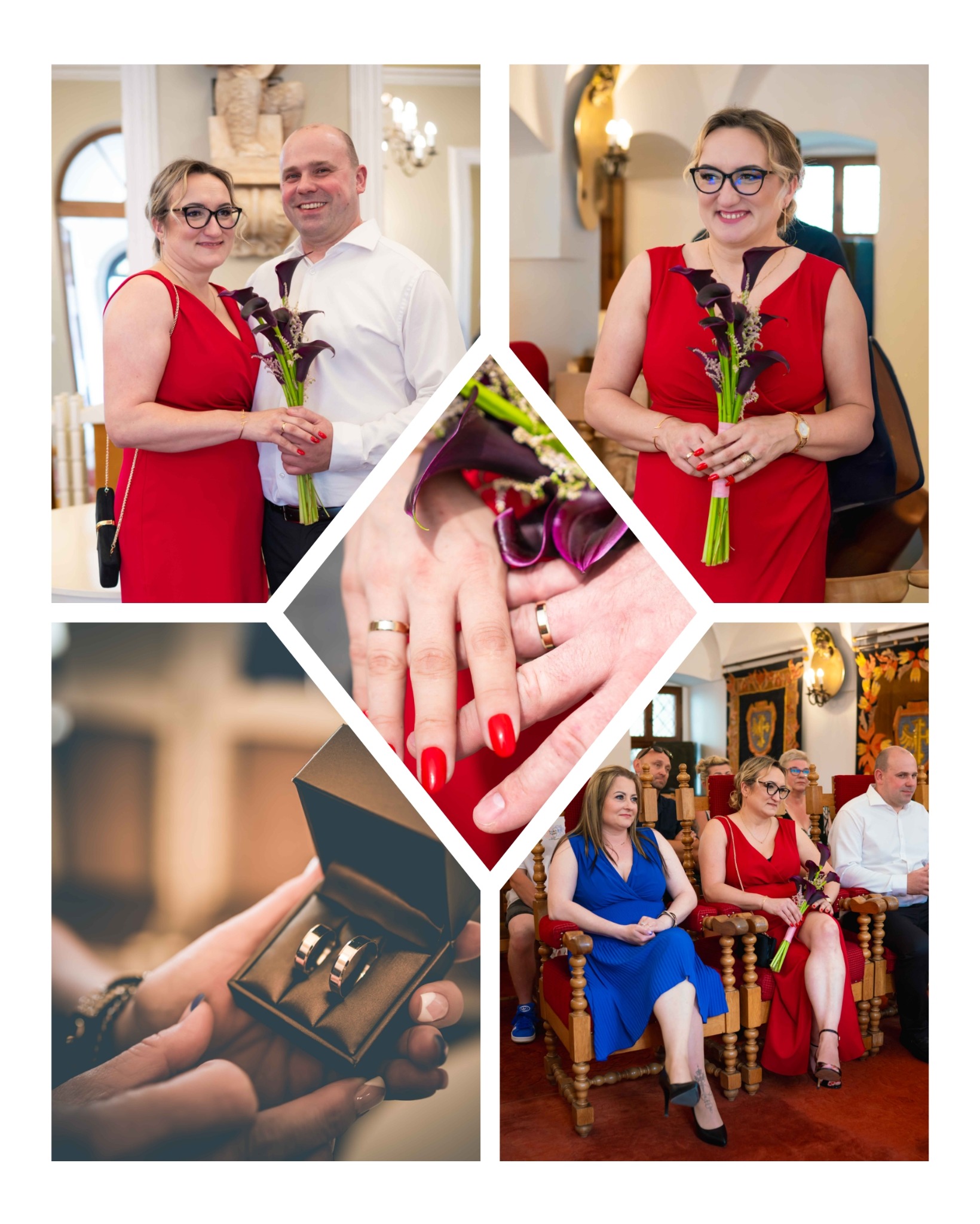 Kolaż ślubny: para młoda z kaliami, zbliżenie dłoni z obrączkami, obrączki w pudełku, goście weselni siedzący na krzesłach w kościele.