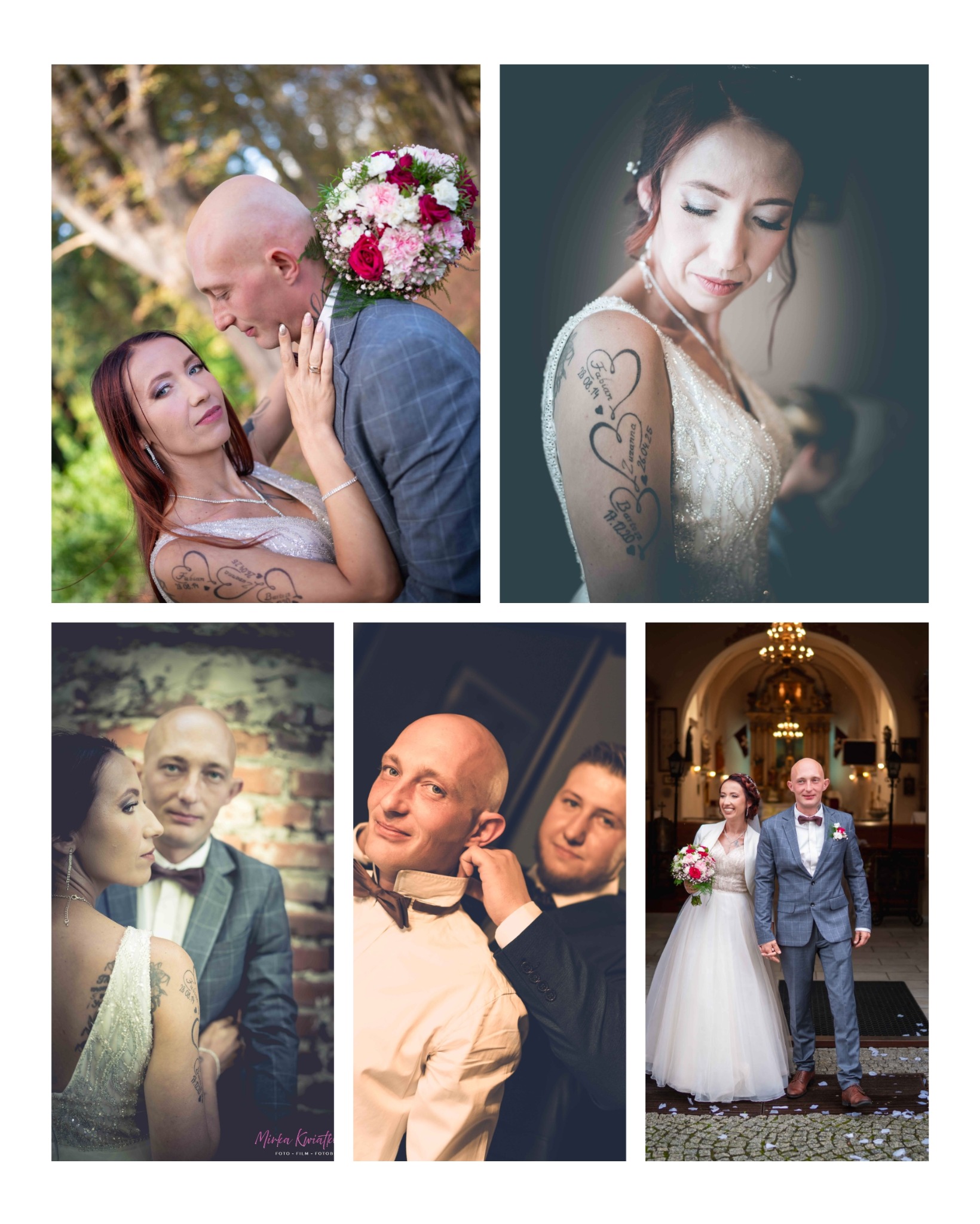 Kolaż z wesela: para młoda w plenerze, zbliżenie panny młodej z tatuażem, pan młody z drużbą, para przed kościołem. Bukiet ślubny z różowych i białych kwiatów.