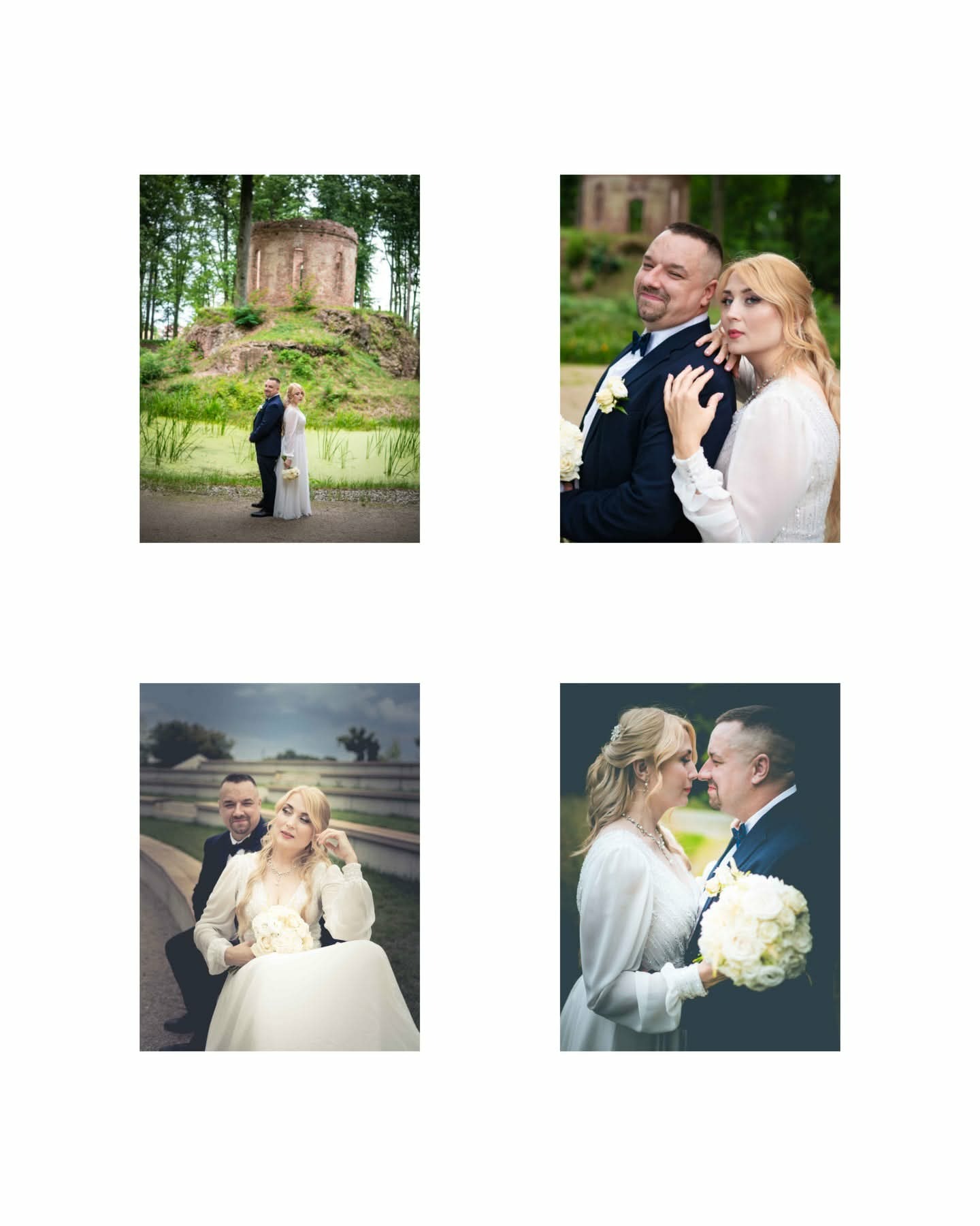 Kolaż z czterech ujęć pary młodej: plener z ruinami, zbliżenie na twarze, siedzący na tle schodów, intymny portret z bukietem. Romantyczna sesja ślubna.
