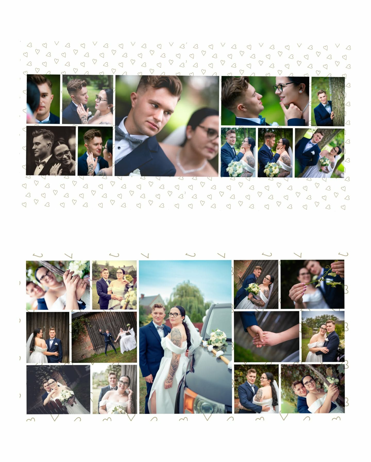 Kolaż z sesji ślubnej: para młoda w plenerze, zbliżenia na detale (kwiaty, obrączki), ujęcia pozowane i naturalne, całość w ramce z motywem serc i symboli.