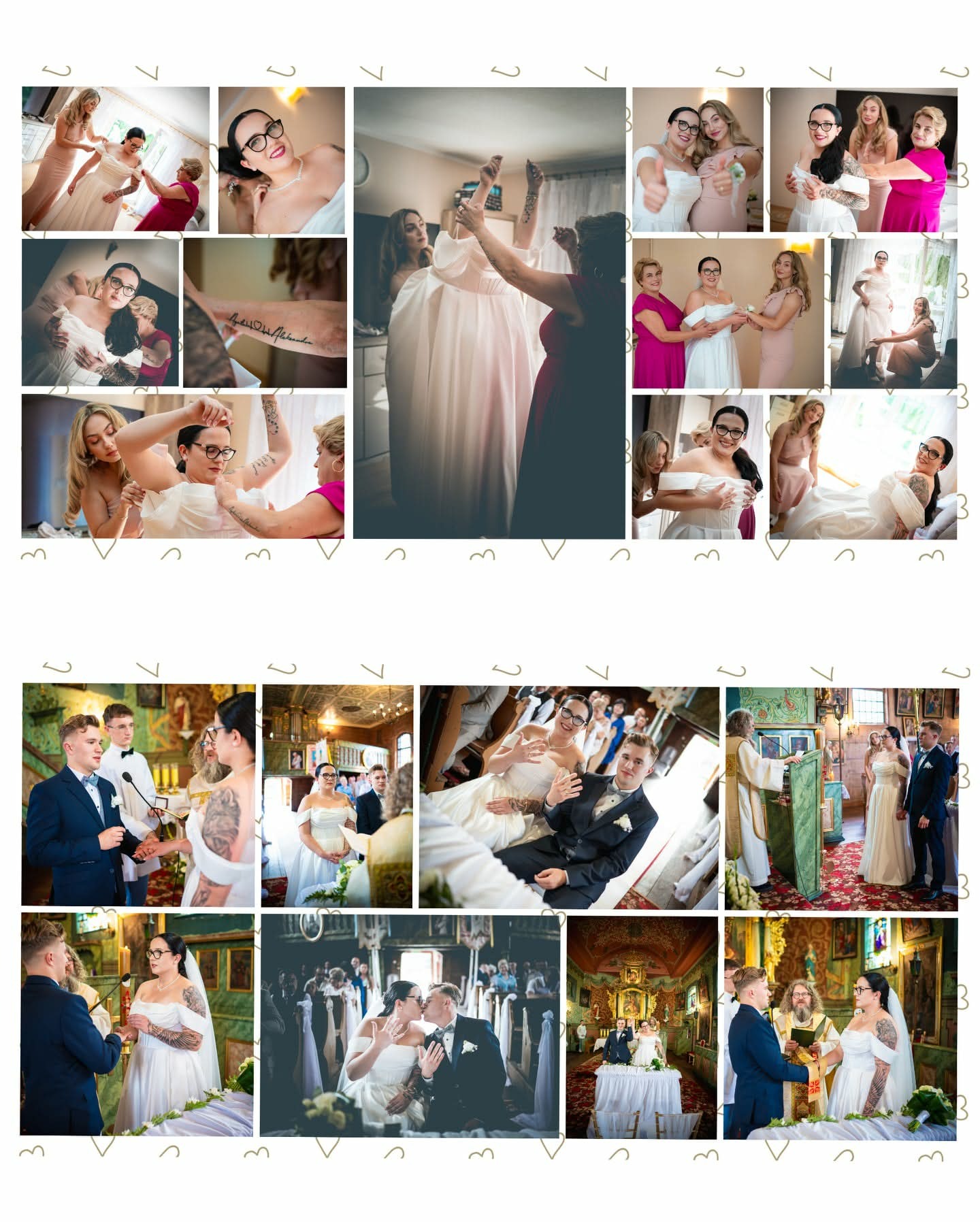 Kolaż zdjęć ze ślubu w Bystrzycy: przygotowania panny młodej, ceremonia w kościele. Panna młoda w okularach i z tatuażami. Goście weselni.