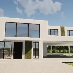 Nowoczesny, dwukondygnacyjny dom z płaskim dachem i dużymi oknami, z elementami zieleni na elewacji, widziany z zewnątrz, z parą obejmującą się na pierwszym planie i samochodem po lewej stronie.