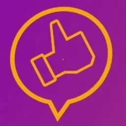 Stylizowana ikona kciuka w górę, obrysowana pomarańczową linią, umieszczona wewnątrz fioletowej chmurki dymku.