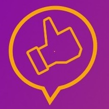 Stylizowana ikona kciuka w górę, obrysowana pomarańczową linią, umieszczona wewnątrz fioletowej chmurki dymku.