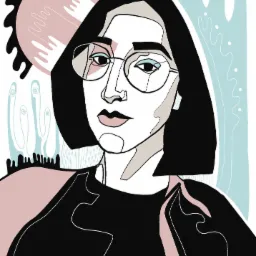 Ilustracja portretowa kobiety w okularach, wykonana w stylu line art z pastelowymi kolorami i abstrakcyjnym tłem.