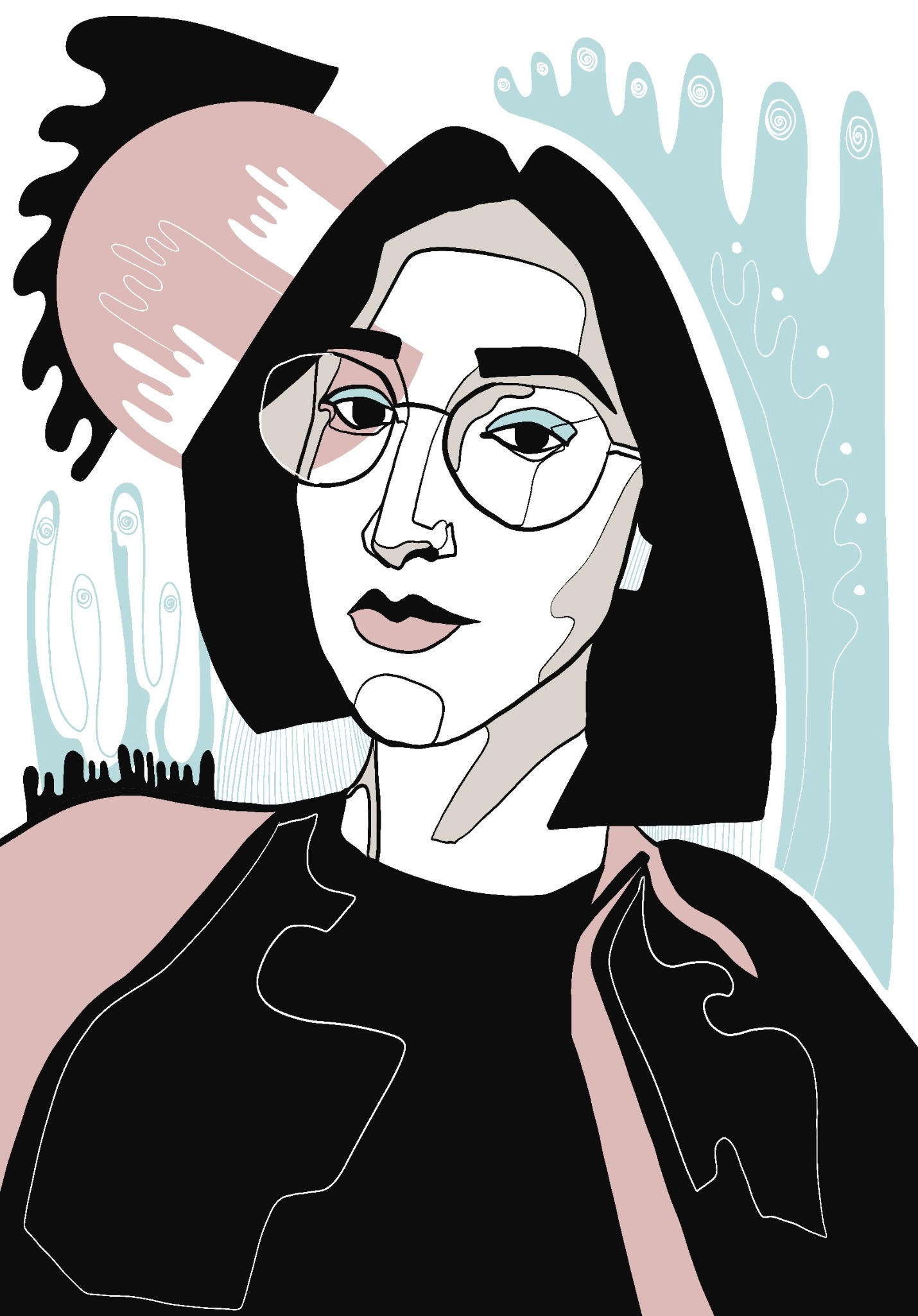 Ilustracja portretowa kobiety w okularach, wykonana w stylu line art z pastelowymi kolorami i abstrakcyjnym tłem.