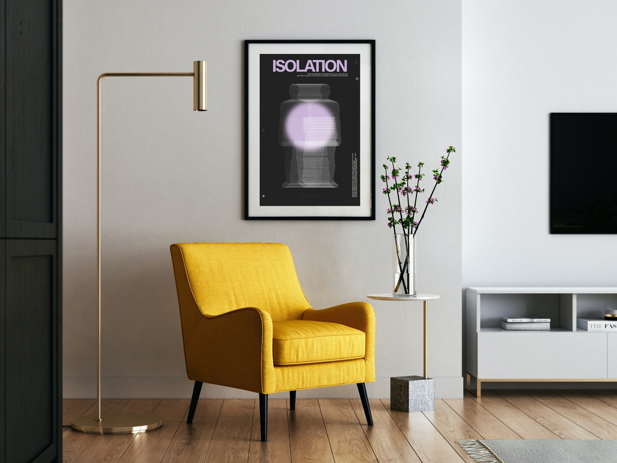 Żółty fotel w salonie z plakatem artystycznym 'Isolation' w czarnej ramie wiszącym na ścianie, obok stoi złota lampa podłogowa i stolik z wazonem.