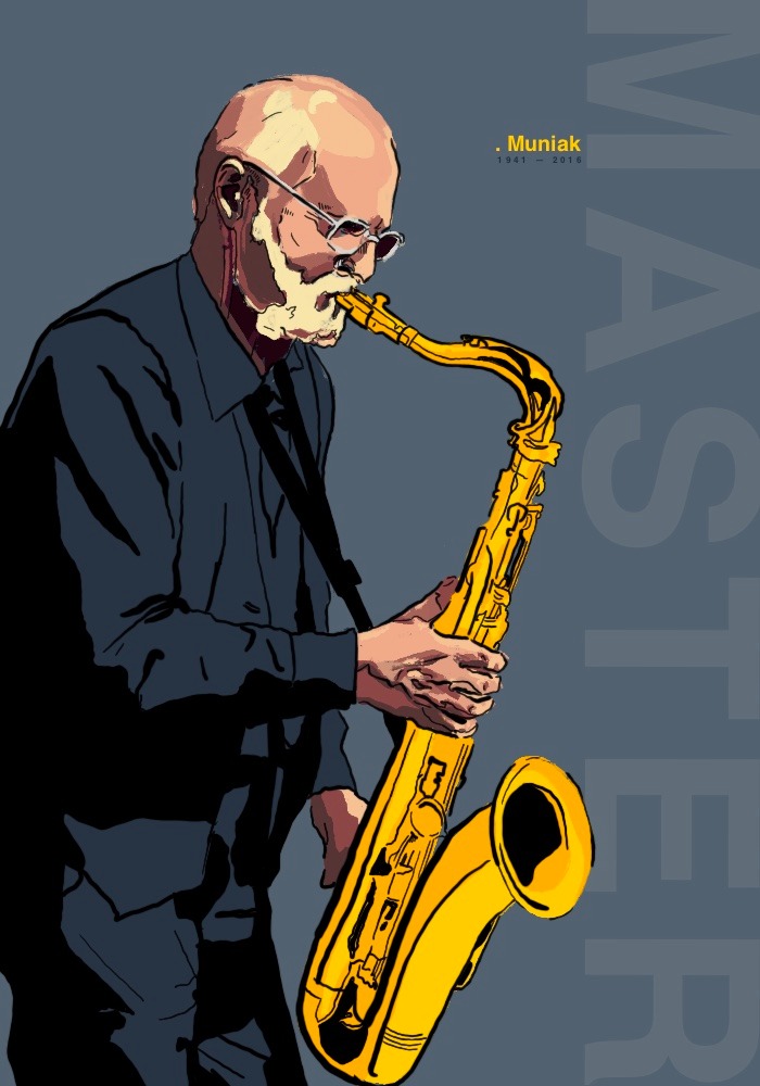 Ilustracja przedstawia muzyka grającego na saksofonie, stylizowana na plakat jazzowy z napisem 'MASTER' i datami '1941-2016', prawdopodobnie upamiętniająca zmarłego muzyka jazzowego.