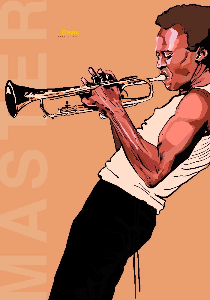 Ilustracja plakatu jazzowego przedstawiająca muzyka grającego na trąbce z napisem 'MASTER' po lewej stronie i informacjami o wydarzeniu w górnej części, utrzymana w stylistyce retro.