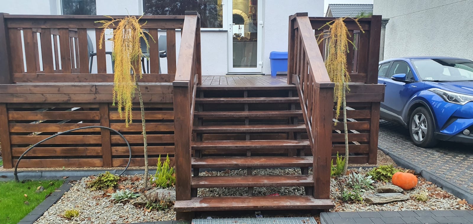 Brązowy taras drewniany z schodami prowadzącymi do domu, ozdobiony karłowatymi drzewkami i dynią, na tle zaparkowanego niebieskiego samochodu.