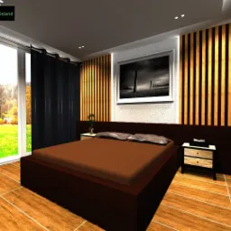 Wizualizacja sypialni z łóżkiem na niskim podeście, drewnianą podłogą z płytek, ścianą z drewnianych paneli pionowych i dużym oknem z widokiem na zieleń