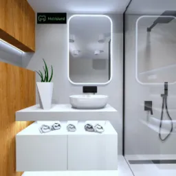 Wizualizacja łazienki z drewnianą okładziną ścienną, umywalką nablatową, podświetlanym lustrem i kabiną prysznicową typu walk-in.