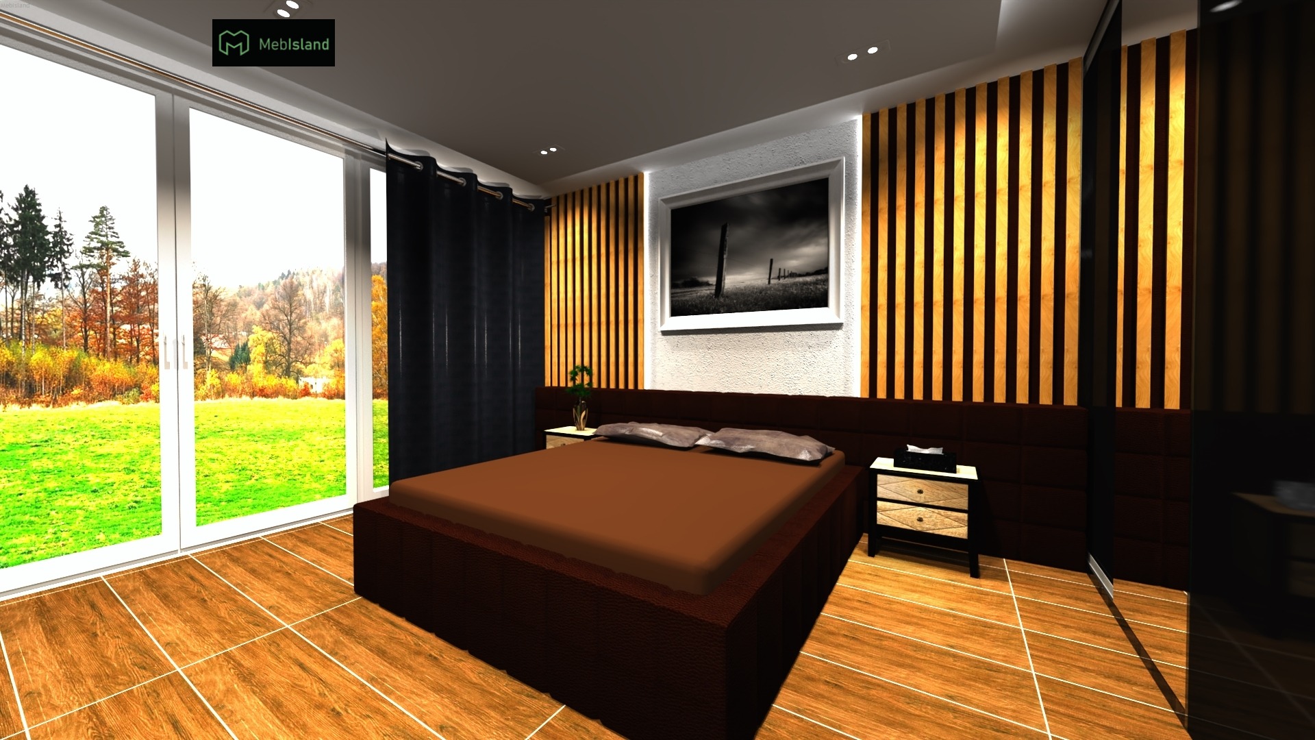 Wizualizacja sypialni z łóżkiem na niskim podeście, drewnianą podłogą z płytek, ścianą z drewnianych paneli pionowych i dużym oknem z widokiem na zieleń