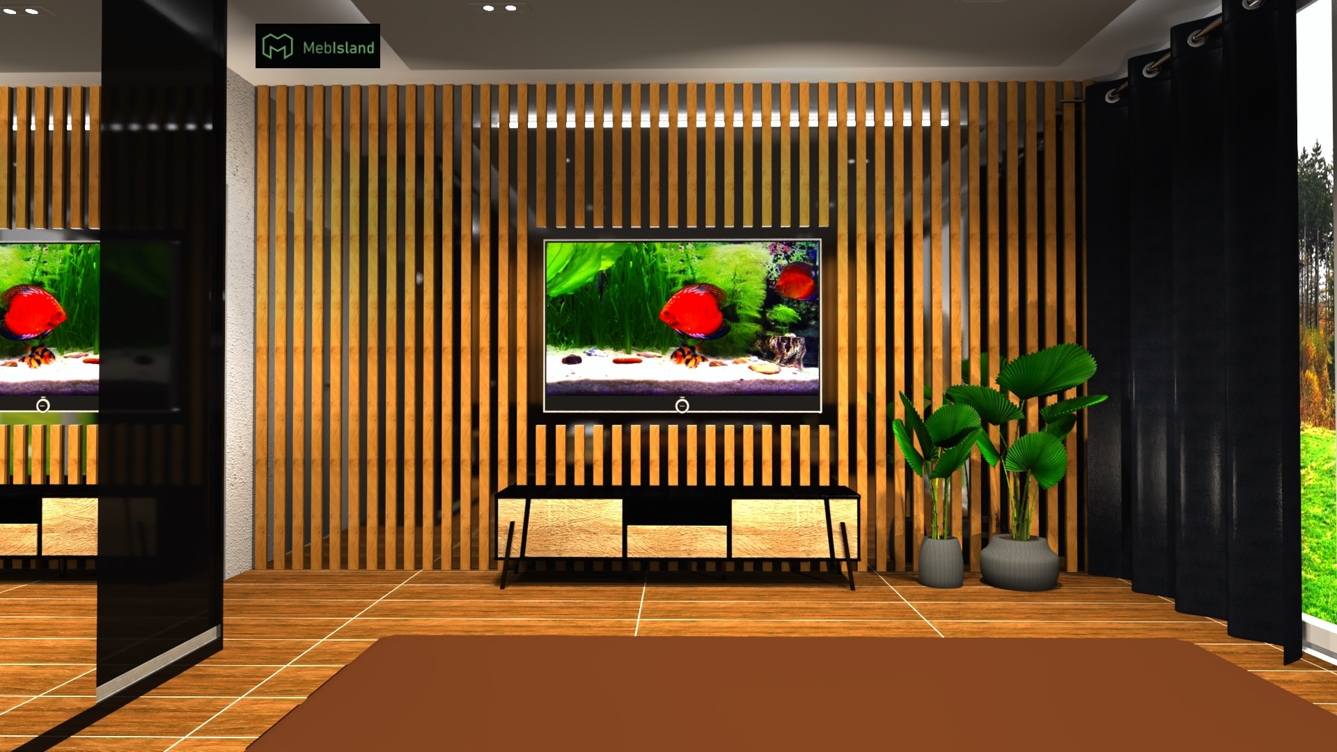 Wizualizacja salonu z drewnianą ścianą, szafką RTV z drewnianymi frontami, telewizorem wyświetlającym akwarium i roślinami w donicach.