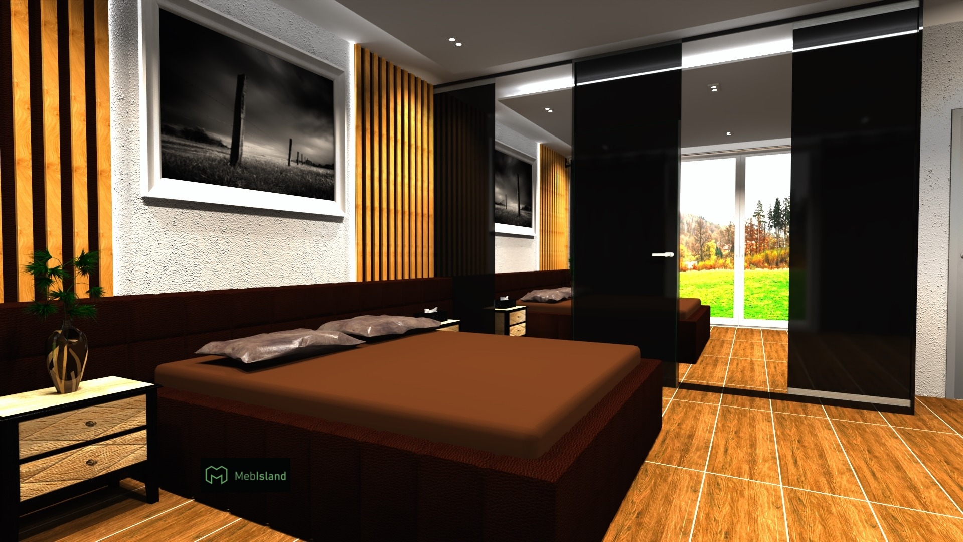 Wizualizacja sypialni z dużym łóżkiem, szafkami nocnymi i przesuwnymi drzwiami szafy w kolorze czarnym, widoczne drewniane panele ścienne i grafika w ramie nad łóżkiem.