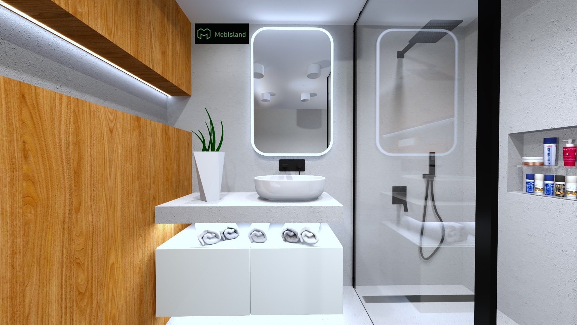 Wizualizacja łazienki z drewnianą okładziną ścienną, umywalką nablatową, podświetlanym lustrem i kabiną prysznicową typu walk-in.