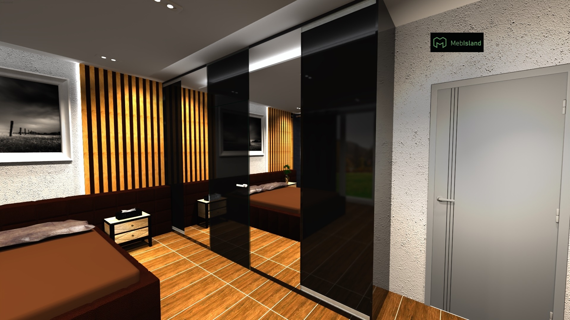 Wizualizacja sypialni z łóżkiem, szafkami nocnymi i przesuwną szafą z czarnymi lustrzanymi drzwiami, widoczne drewniane lamele na ścianie i logo firmy Meblisland.